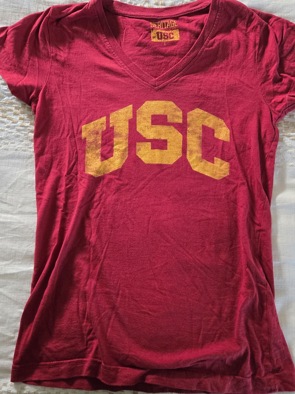 USC Heritage Red V-Neck Tee with Yellow Graphic